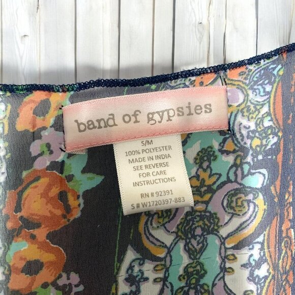 Band of Gypsies Short Sleeve Kimono Boho Paisley Floral Print Blue Orange Sm/Med - Picture 2 of 5